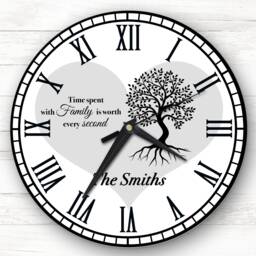 Family Tree Black Silhouette Heart Grey Personalised Gift Clock - thumbnail 1