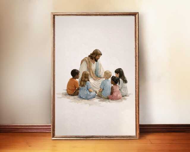 Soft Watercolor Jesus & Children Wall Decor - Christian Kids Room Printable - image 1