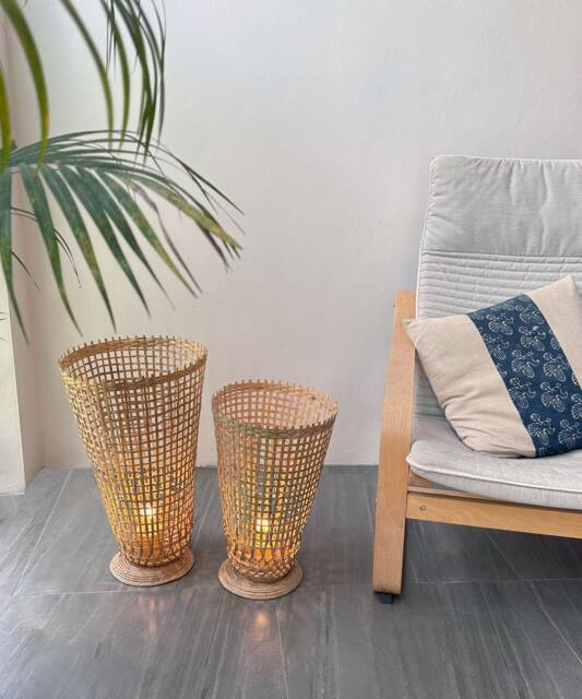 Handwoven Bamboo Floor Lamp - Rustic Cone Light With Wooden Base - image 1