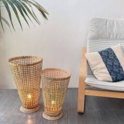 Handwoven Bamboo Floor Lamp - Rustic Cone Light With Wooden Base - thumbnail 3