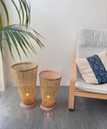 Handwoven Bamboo Floor Lamp - Rustic Cone Light With Wooden Base - thumbnail 1
