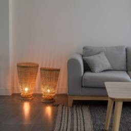 Handwoven Bamboo Floor Lamp - Rustic Cone Light With Wooden Base - thumbnail 2