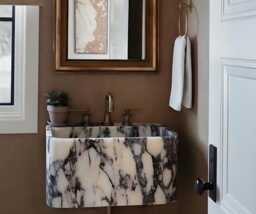 Hand Carved Calacatta Viola Marble Wall Mount Sink - thumbnail 1