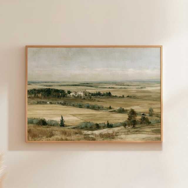 Farmhouse Landscape Poster, Neutral Countryside Wall Art, Rural Print - image 1