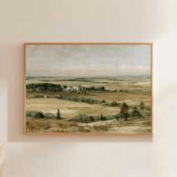 Farmhouse Landscape Poster, Neutral Countryside Wall Art, Rural Print - thumbnail 1