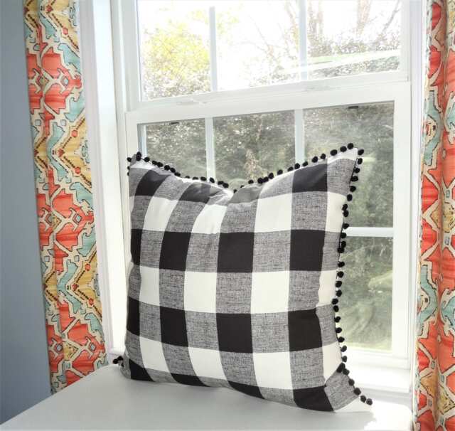 Buffalo Plaid Pillow Cover With Black Pom Poms - image 1