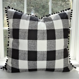 Buffalo Plaid Pillow Cover With Black Pom Poms - thumbnail 2