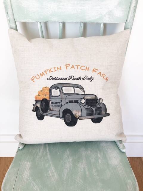 Pumpkin Patch Truck Linen Pillow Cover - Farmhouse Autumn Decor - image 1