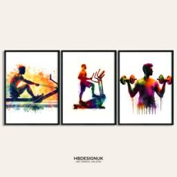 Home Gym Wall Art Print - Set Of 3 Posters - Watercolour Mens Running Poster Fitness Decor Pictures Artwork - thumbnail 1