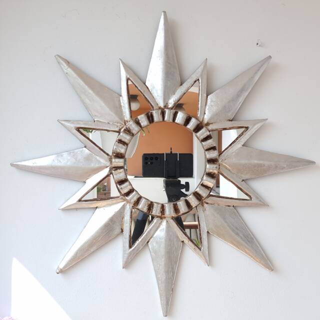 Peruvian Silver Star Sun Mirror 50 cm Handmade Wall Decor - Carved Wood Round Artistic Statement For Living Room Bathroom - image 1