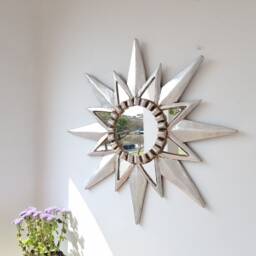 Peruvian Silver Star Sun Mirror 50 cm Handmade Wall Decor - Carved Wood Round Artistic Statement For Living Room Bathroom - thumbnail 3