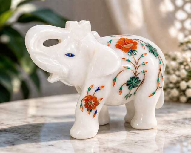 Marble Inlay Elephant Figurine - White Home Decor Accent - image 1