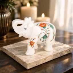 Marble Inlay Elephant Figurine - White Home Decor Accent - thumbnail 2