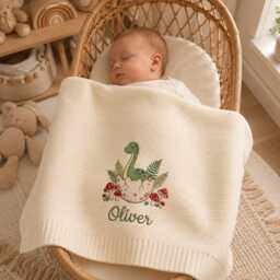 Personalized Embroidered Baby Blanket, Dinosaur Nursery Gift, Custom Name Newborn Keepsake, Shower Dino Decor - thumbnail 1