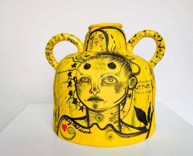 Ceramic Fine Art Vase, High Detail Hand Illustrated, Graphic Novel Style, Yellow & Black - image 1