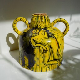 Ceramic Fine Art Vase, High Detail Hand Illustrated, Graphic Novel Style, Yellow & Black - thumbnail 4