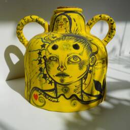 Ceramic Fine Art Vase, High Detail Hand Illustrated, Graphic Novel Style, Yellow & Black - thumbnail 3