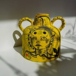 Ceramic Fine Art Vase, High Detail Hand Illustrated, Graphic Novel Style, Yellow & Black - thumbnail 2