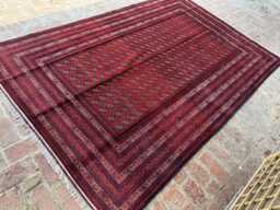 6x9 Handmade Afghan Bukhara Wool Rug in Red - Traditional Oriental Pattern Elegant Area Carpet For Lounge, Dining Space Or Studio - thumbnail 1