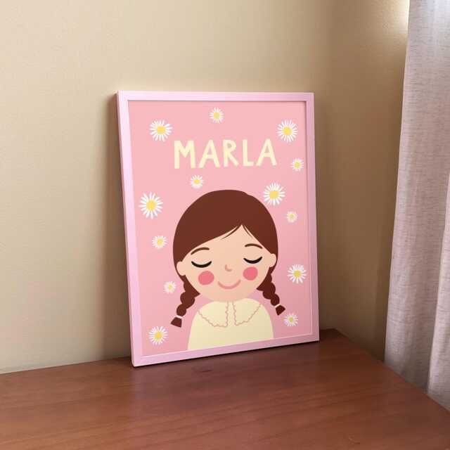 Personalized Portrait Girl Brown Hair With Daisy Flower - Custom Nursery Wall Art Name - image 1