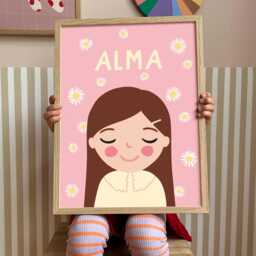 Personalized Portrait Girl Brown Hair With Daisy Flower - Custom Nursery Wall Art Name - thumbnail 3