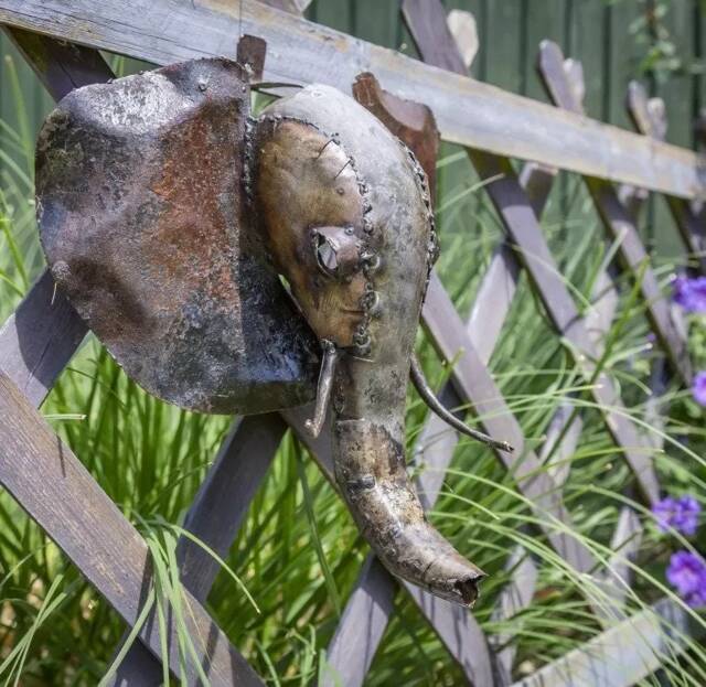 Handcrafted Recycled Metal Elephant Head Sculpture. Garden Decor. Handmade Safari. Hanging Art. Garden Gift