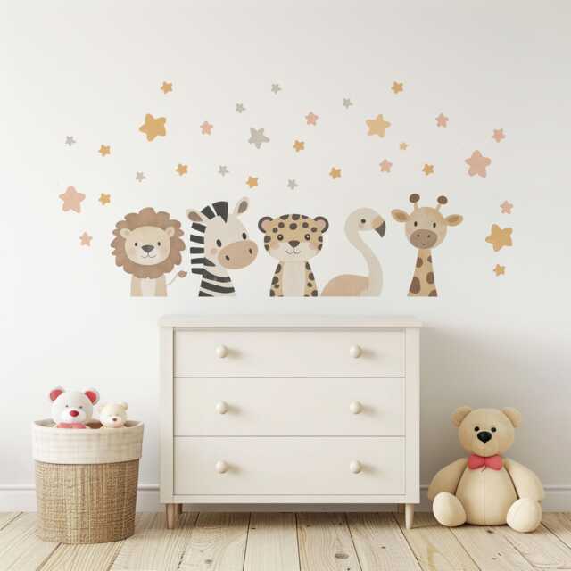 Safari Animal Wall Stickers Neutral Nursery Decor Lion Zebra Giraffe Flamingo Decals Jungle Baby Room - image 1