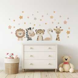 Safari Animal Wall Stickers Neutral Nursery Decor Lion Zebra Giraffe Flamingo Decals Jungle Baby Room - thumbnail 1