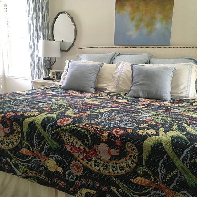Beautiful Peacock Print Indian Kantha Bedcover Throw Kantha Quilt Handmade Cotton Blanket Size Queen