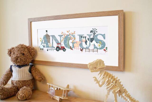 Farmyard Name Illustration Print Childrens Kids Baby Nursery Decor Wall Art Frame Farm Animals Cow Tractor New Shower Personalised Gift - image 1