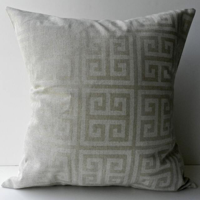 New 18x18 Inch Designer Handmade Pillow Case in White On Natural Greek Key