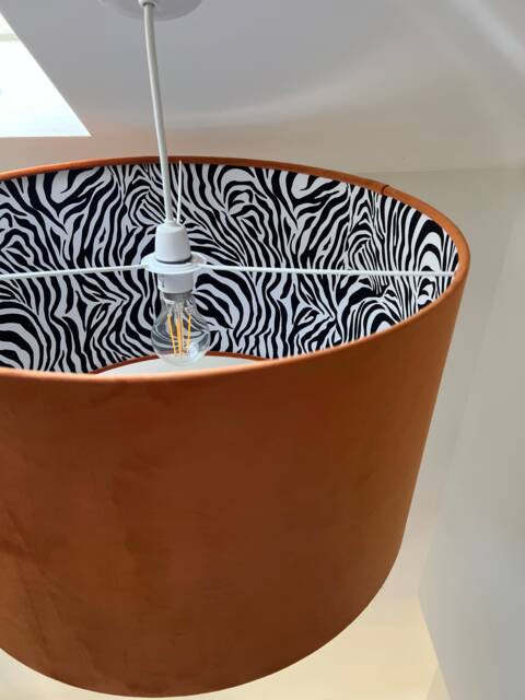 Burnt Orange Velvet Drum Lampshade, Double Sided Lampshade With Zebra Print Cotton Interior, Ceiling Light Shade - image 1