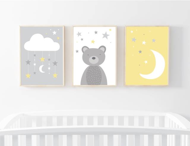 Nursery Prints Set Of 3 Animal For Nursery Bear Grey Unisex Yellow - image 1