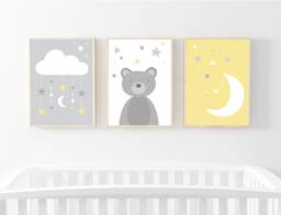 Nursery Prints Set Of 3 Animal For Nursery Bear Grey Unisex Yellow - thumbnail 1