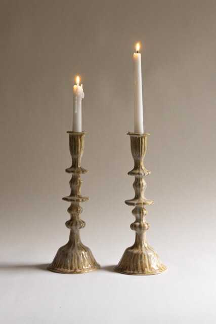 Pair Of Tall Carved Ceramic Candleholders - image 1