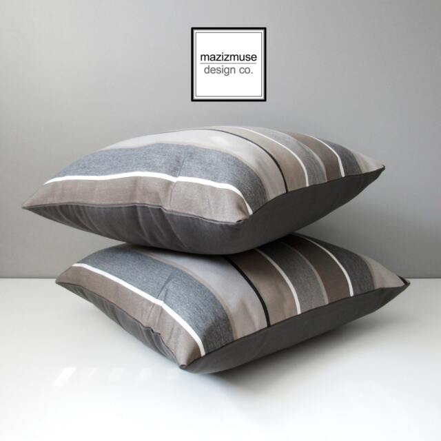 Decorative Grey & Brown Striped Sunbrella?? Outdoor Pillow Cover, Taupe & White Stripes, Modern Cushion For Porch/Patio Mazizmuse - image 1