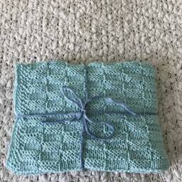 Hand Knit Baby Blanket - Aqua Mist, Car Seat Size - thumbnail 2