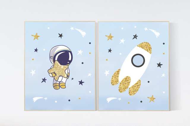Space Nursery Art Print Astronaut & Rocket, Blue Decor - image 1