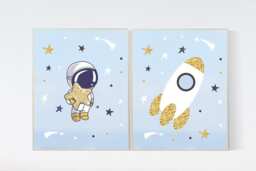 Space Nursery Art Print Astronaut & Rocket, Blue Decor - thumbnail 1