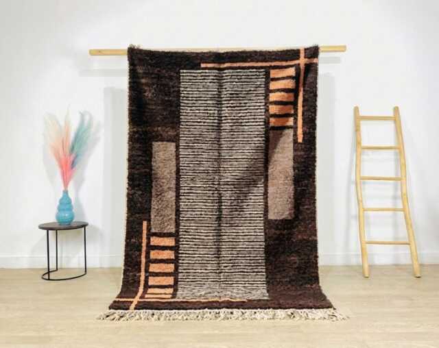 Dark Brown Moroccan Rug With Cream Center Pattern & Orange Accents - Handmade Berber Shag Carpet Large Area Tribal Wool Decor