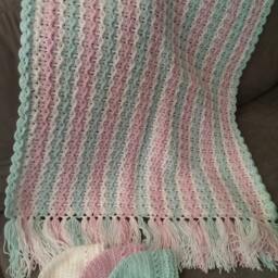 Handmade Crochet Baby Striped Blanket With Matching Hats - thumbnail 2