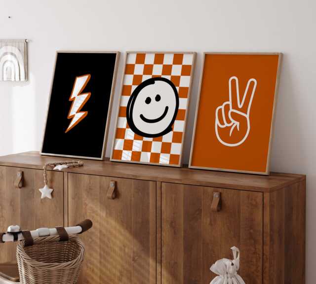 Rad Burnt Orange Wall Art Set Of 3, Lightning Bolt Print, Smiley Checkerboard, Peace Hand Boys Bedroom Art, Nursery Decor - image 1