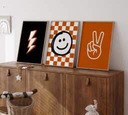 Rad Burnt Orange Wall Art Set Of 3, Lightning Bolt Print, Smiley Checkerboard, Peace Hand Boys Bedroom Art, Nursery Decor - thumbnail 1