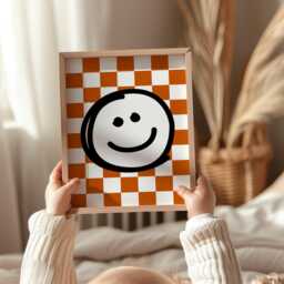 Rad Burnt Orange Wall Art Set Of 3, Lightning Bolt Print, Smiley Checkerboard, Peace Hand Boys Bedroom Art, Nursery Decor - thumbnail 3