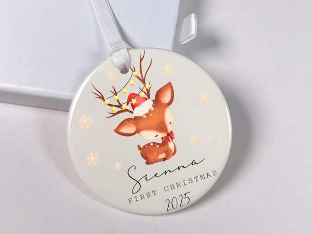 Personalized Baby's First Christmas Ornament - Reindeer Ceramic Keepsake - image 1