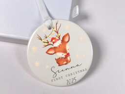 Personalized Baby's First Christmas Ornament - Reindeer Ceramic Keepsake - thumbnail 1