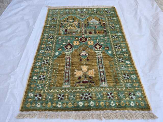 Handwoven Turkmen Wool Rug Green Geometric Afghan Art - 4.10 X 2.8 Ft - image 1