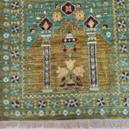 Handwoven Turkmen Wool Rug Green Geometric Afghan Art - 4.10 X 2.8 Ft - thumbnail 2