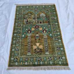 Handwoven Turkmen Wool Rug Green Geometric Afghan Art - 4.10 X 2.8 Ft - thumbnail 4