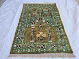 Handwoven Turkmen Wool Rug Green Geometric Afghan Art - 4.10 X 2.8 Ft - thumbnail 1